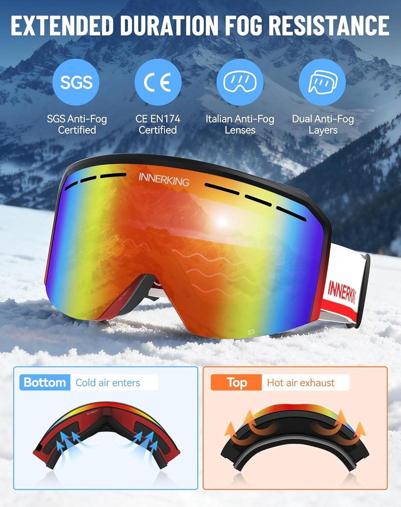 Innerking Ski/Snowboard Goggles OTG for Men Women & Youth - Over Glasses Snow Sports Goggles Anti Fog 100% UV400 Protection - Image 2
